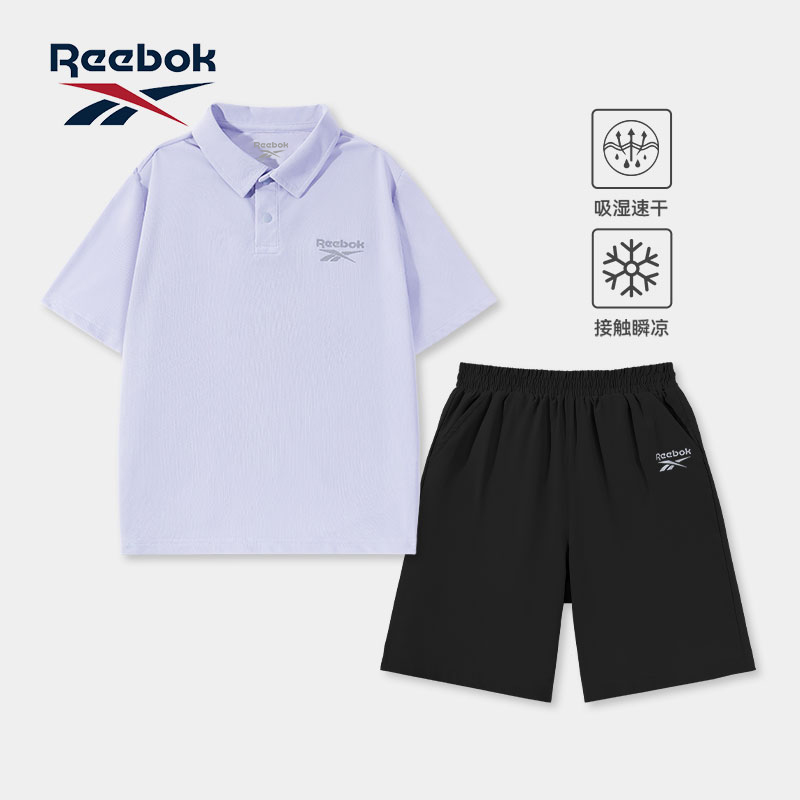 Reebok锐步女童2025新款夏套装小女孩学院风polo衫短袖儿童家居服