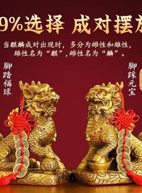 黄铜麒麟摆件一对纯铜镇宅去邪玄学入门玄关招财物件高级电视机柜
