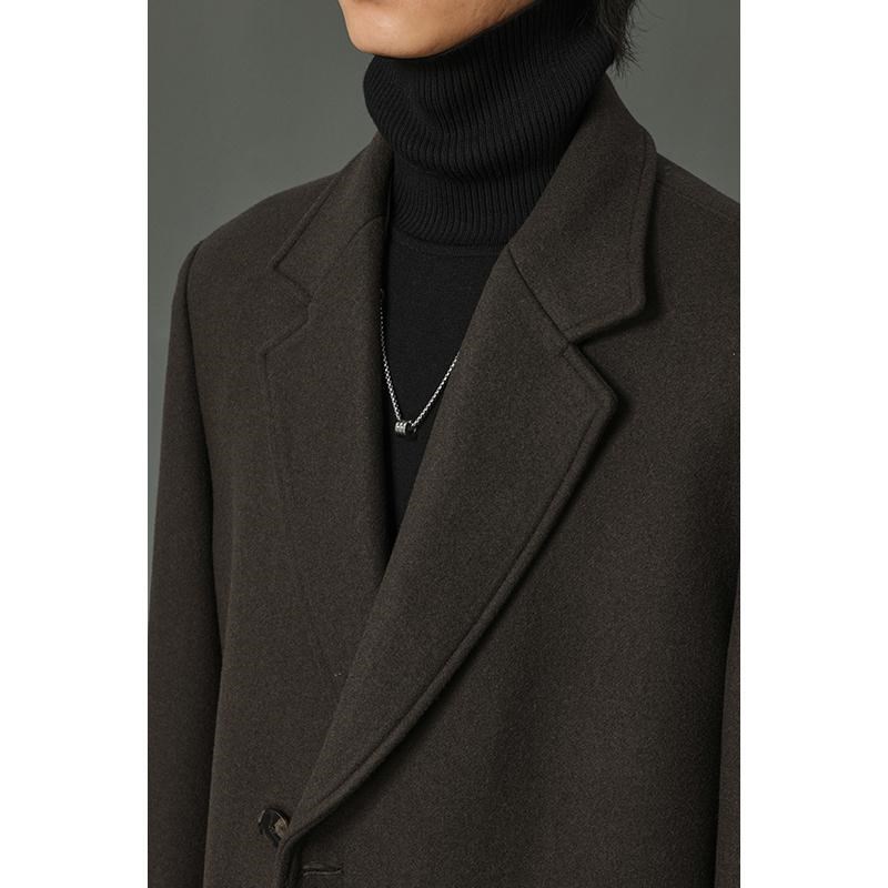 w2x秋冬季加厚平驳领垫肩一字袋装饰长款羊毛呢大衣男中长款外套