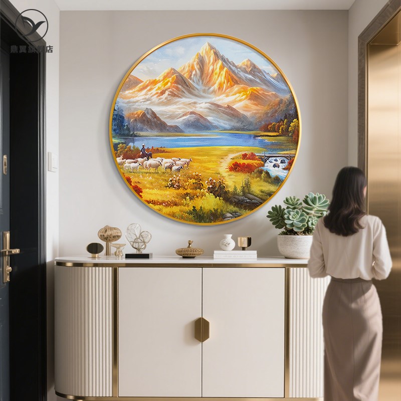 日照金山挂画丰收手绘油画入户玄关装饰画圆形壁画走廊过道餐厅画图片