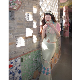 脊枝cidhiidhi2025AW原创秋冬羊毛拼色提花高领多巴胺毛衣套装