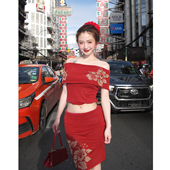 脊枝cidhiidhi2025ss原创扶桑花提花红色一字肩针织上衣半裙