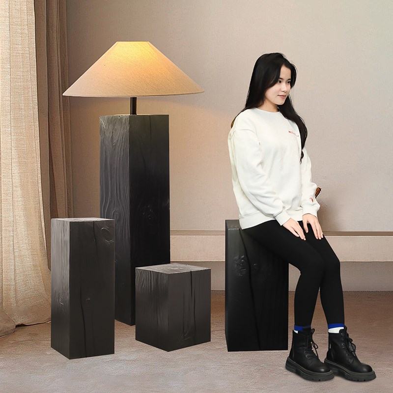 碳化黑木墩展示台地台方形立柱展台展示架花店产品陈列柜