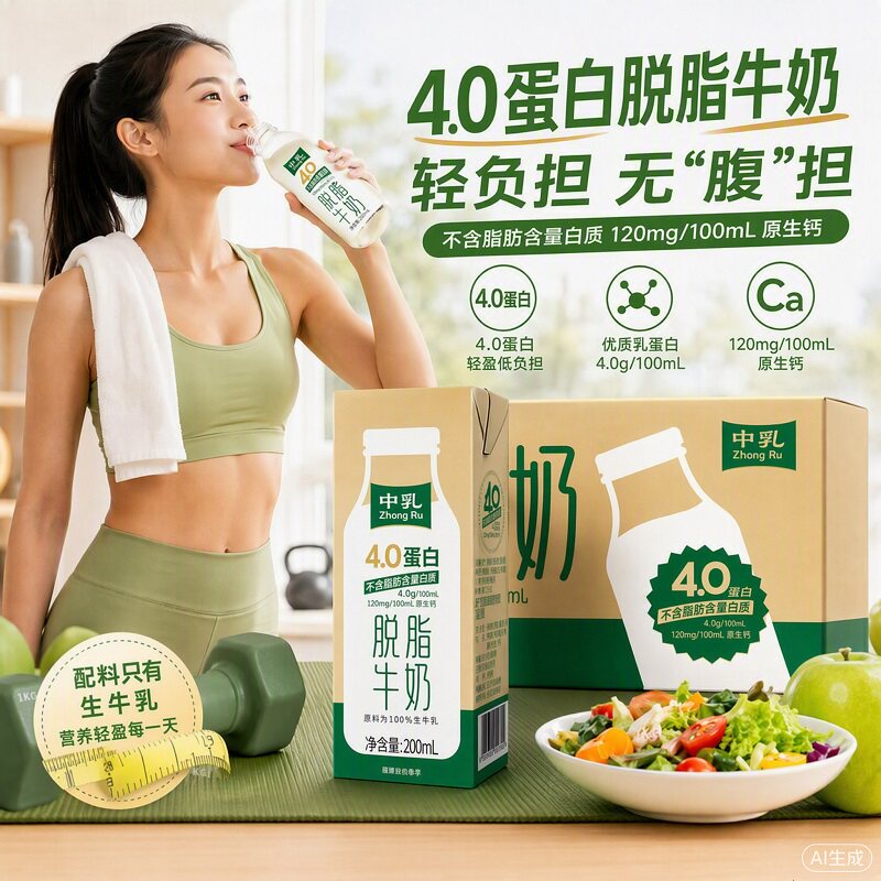 中乳脱脂奶100%生牛乳零脂肪纯牛奶