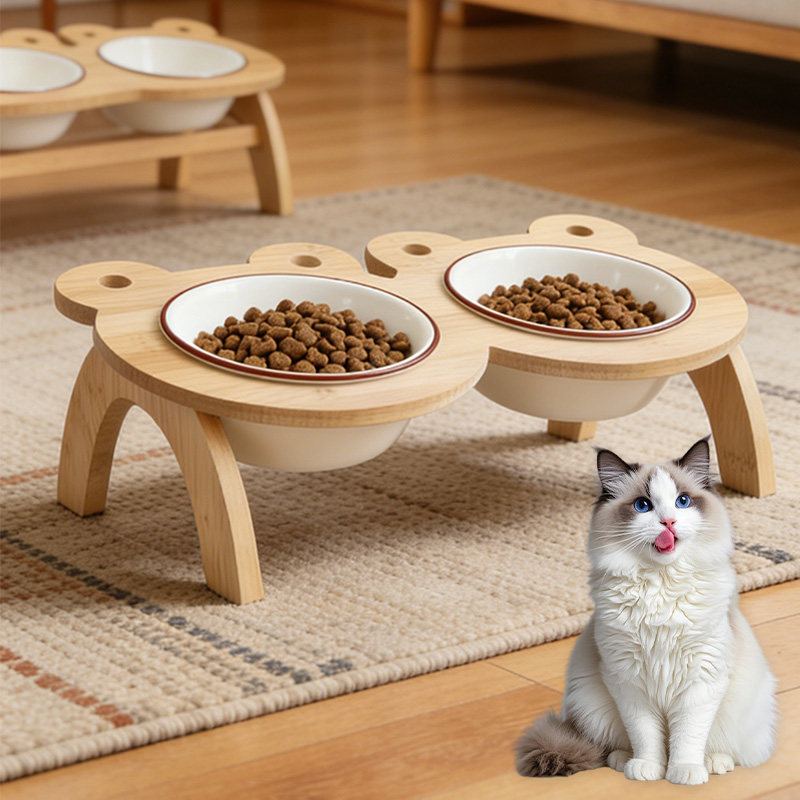 猫碗高脚猫咪喂食碗保护颈椎斜口狗碗可爱猫盆双碗陶瓷饮水宠物