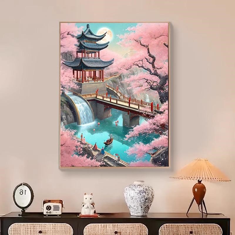 【江城梅花】数字油画diy国风丙烯填涂色绘画古韵建筑客厅装饰画图片