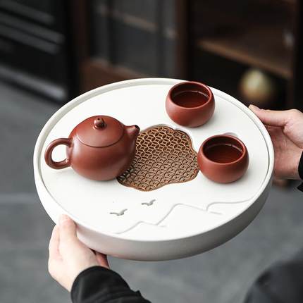 中式复古全陶瓷干泡台小型家用客厅功夫茶具现代圆形蓄水沥水茶盘