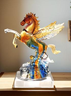 琉璃飞马摆件客厅入门玄关工艺品五彩水晶马办公室装饰品礼物高档