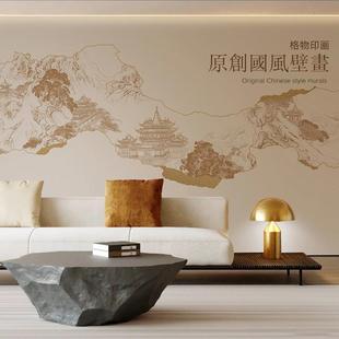 国风楼阁墙纸轻奢简约沙发背景墙壁纸客厅餐厅现代装 新中式 修墙布