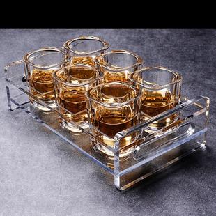 家用一口杯shot杯玻璃杯子烈酒杯白酒杯带托盘 方形玻璃洋酒杯套装