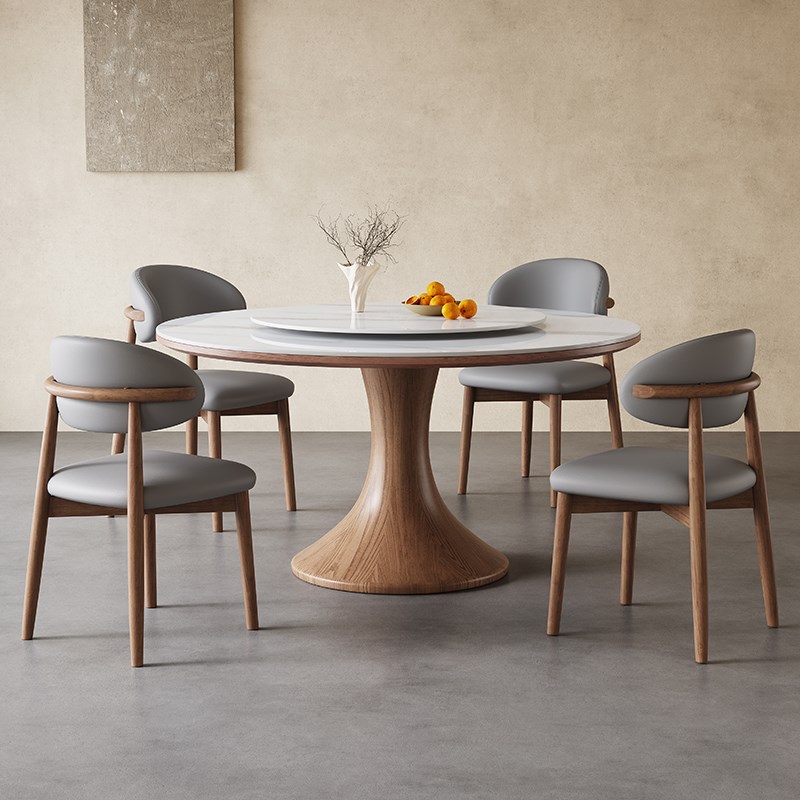 高端全实木岩板餐桌椅组合现代简约小户型轻奢圆形带转盘大圆桌子