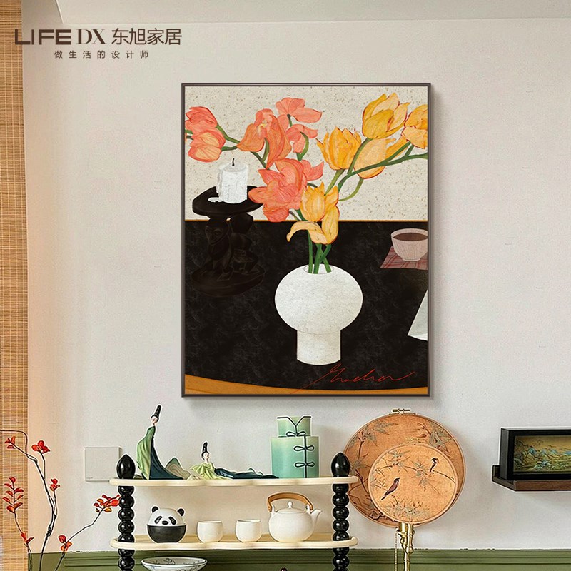 法式中古风客厅装饰画花瓶花卉玄关挂画竖版餐厅复古卧室温馨壁画图片