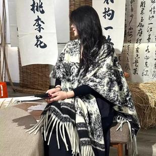 2024新款 氛围感空调围巾女旅.游保暖斗 水墨画披肩秋冬季 百搭韩版