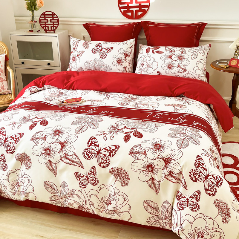 中式婚庆四件g套大红色床单被套新婚喜被全棉结婚床上用品陪嫁,床上用品,婚庆床品套件,淘宝优惠券,粉丝福利购,淘宝优惠卷