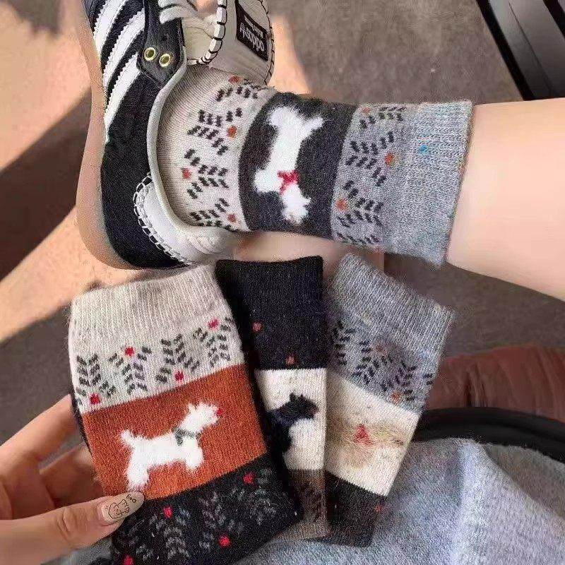 复古费尔岛小狗袜子女秋冬季中筒袜加厚款长袜可爱保暖睡眠袜,女士内衣/男士内衣/家居服,一次性袜子,淘宝优惠券,粉丝福利购,淘宝优惠卷