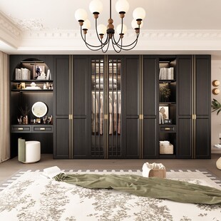 法式 覆古黑色实木衣柜家用卧室现代简约衣帽间大衣橱梳妆台一体柜