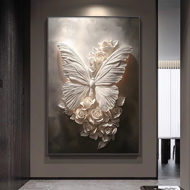 黑白蝴蝶玄关装饰画高级立体感客厅挂画沙发背景墙落地画走廊壁画图片