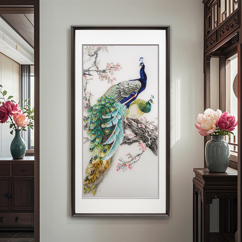 苏绣成品纯手工新中式刺绣挂画孔雀客厅背景墙书房玄关走廊装饰画图片