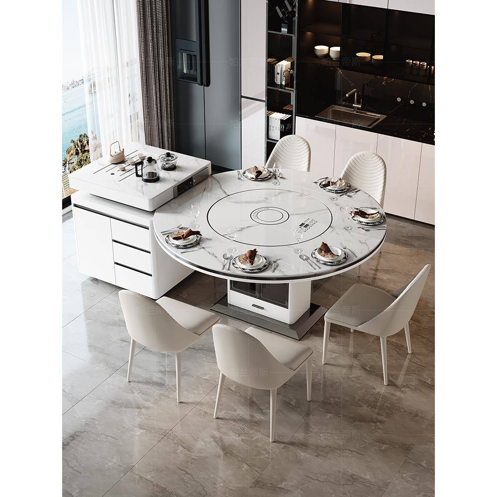 国家补贴岛台餐桌一体家用现代简约圆形带电磁炉方圆两用岩板餐桌