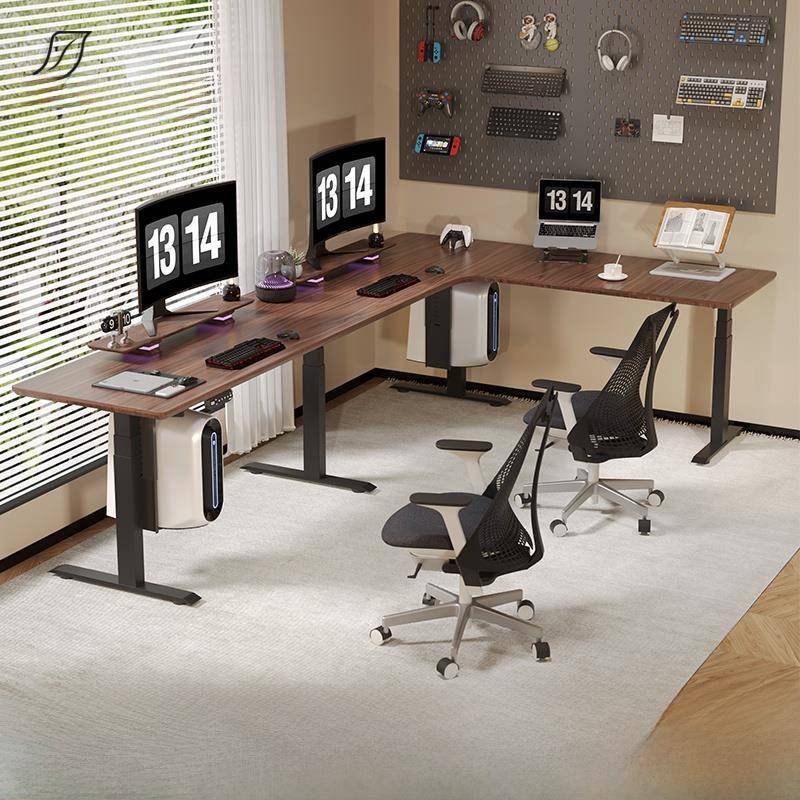 4电机超长转角书桌实木拐角L型升降桌双人电动腿电脑办公电竞房
