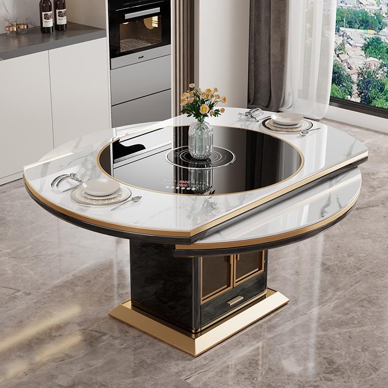 现代简约内嵌暖菜板岩板餐桌小户型伸缩折叠可变圆形电磁炉饭桌