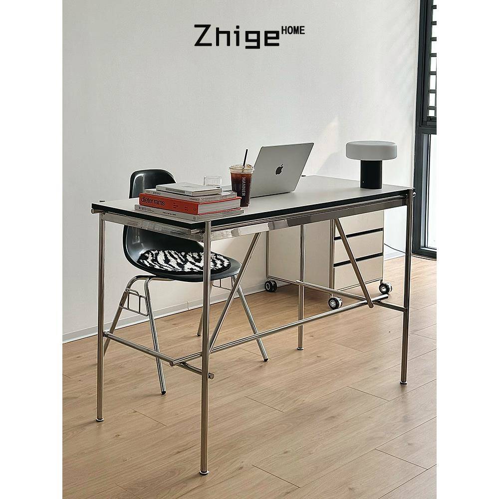 小户型现代简约会议桌中古不锈钢白色办公桌书桌长方形电脑桌餐桌