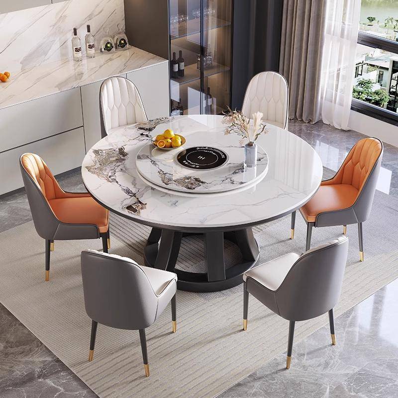 实木岩板餐桌椅组合2025新款带电磁炉旋转盘大圆桌家用轻奢高级感