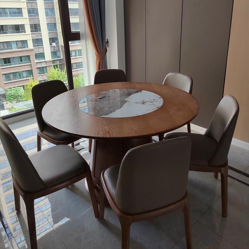 岩板实木圆形餐桌带转盘电磁炉内嵌式原木北欧设计师圆餐桌椅组合