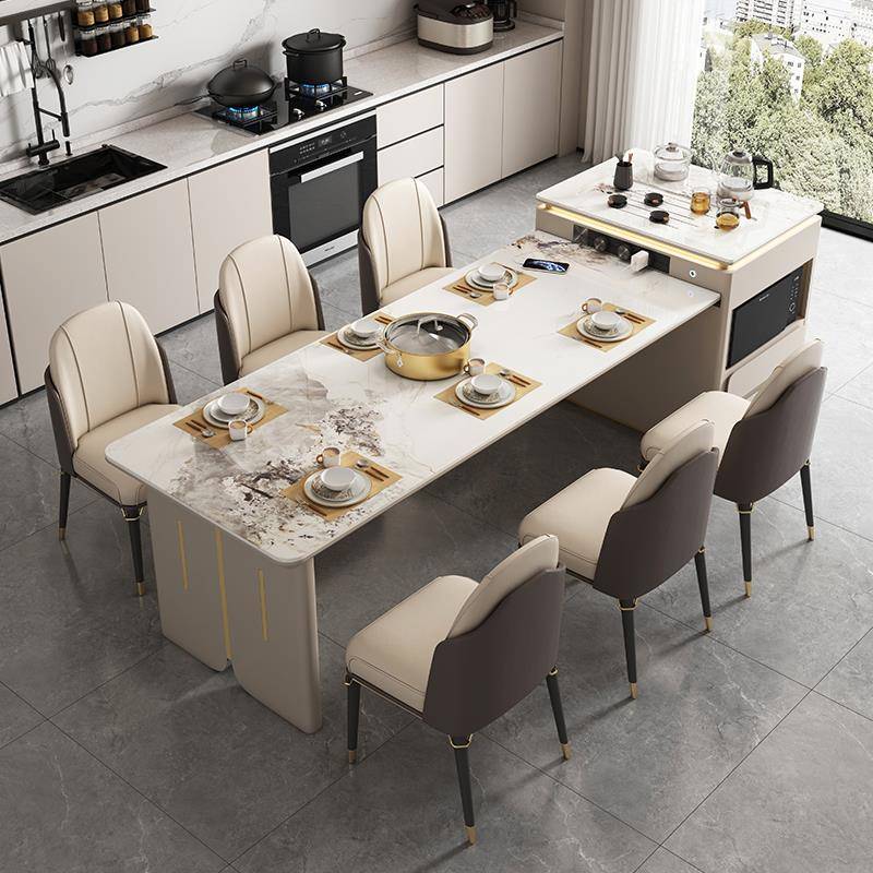 岛台餐桌一体伸缩多功能简约现代实木餐桌椅组合高级开放式茶桌台