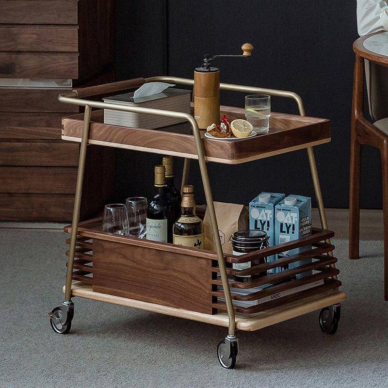 简约可移动黑胡桃木色格栅小推车多功能客厅家用零食沙发边几茶桌