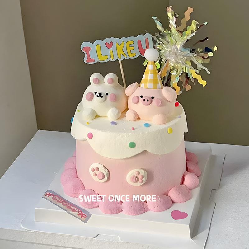 ins韩式蛋糕装饰立体小动物小猪小狗兔子摆件情侣纪念日生日插件