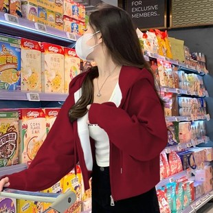 黑色短款小个子加绒外套卫衣女秋冬季2024新款开衫拉链短款上衣服