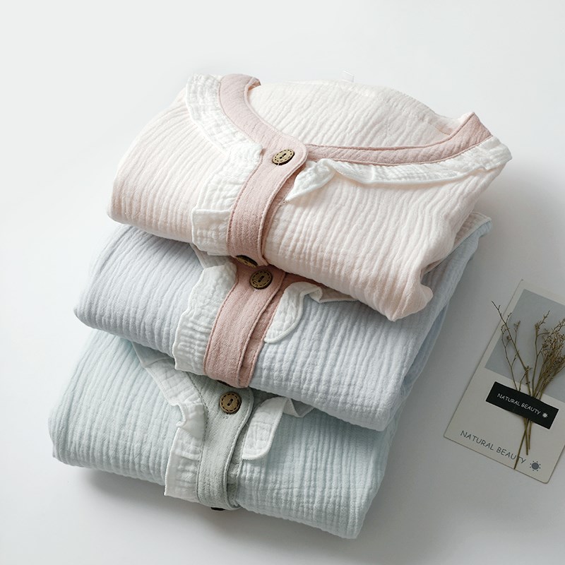 出口  圆领花边哺乳睡衣女纯棉纱春夏薄长袖长裤产后月子服清新