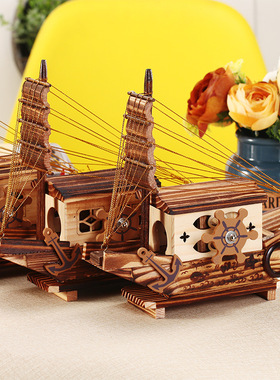 一帆风顺木质小船音乐盒创意黑帆船形发条八音盒同学生礼品工艺品
