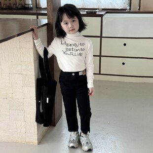 黑色烟管裤牛仔裤女童秋季2024新款高腰九分裤窄版直筒裤子童装潮