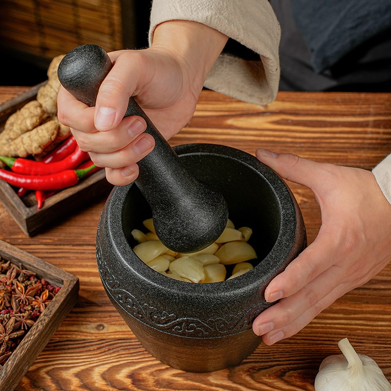 石臼天然乌金石捣蒜泥器手动擂钵研磨压蒜器家用蒜臼子老式捣药罐