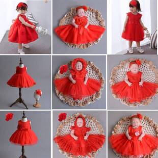女宝宝周岁礼服夏装红色女童公主裙婴儿连衣裙满月一百天洋气裙子