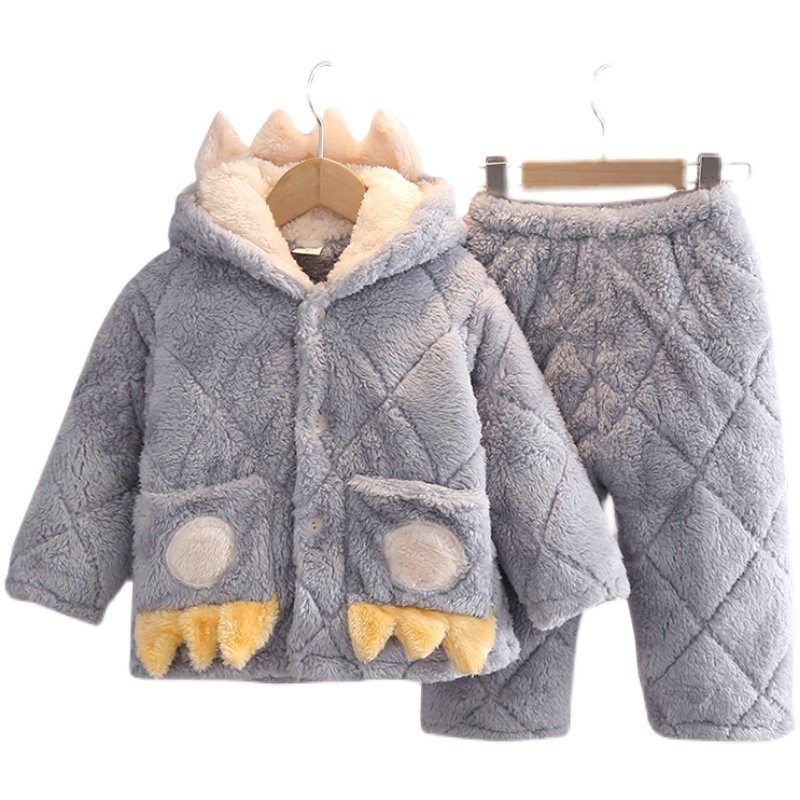 冬季儿童睡衣长毛绒加厚夹棉男童宝宝小孩子珊瑚绒家居服套装带帽