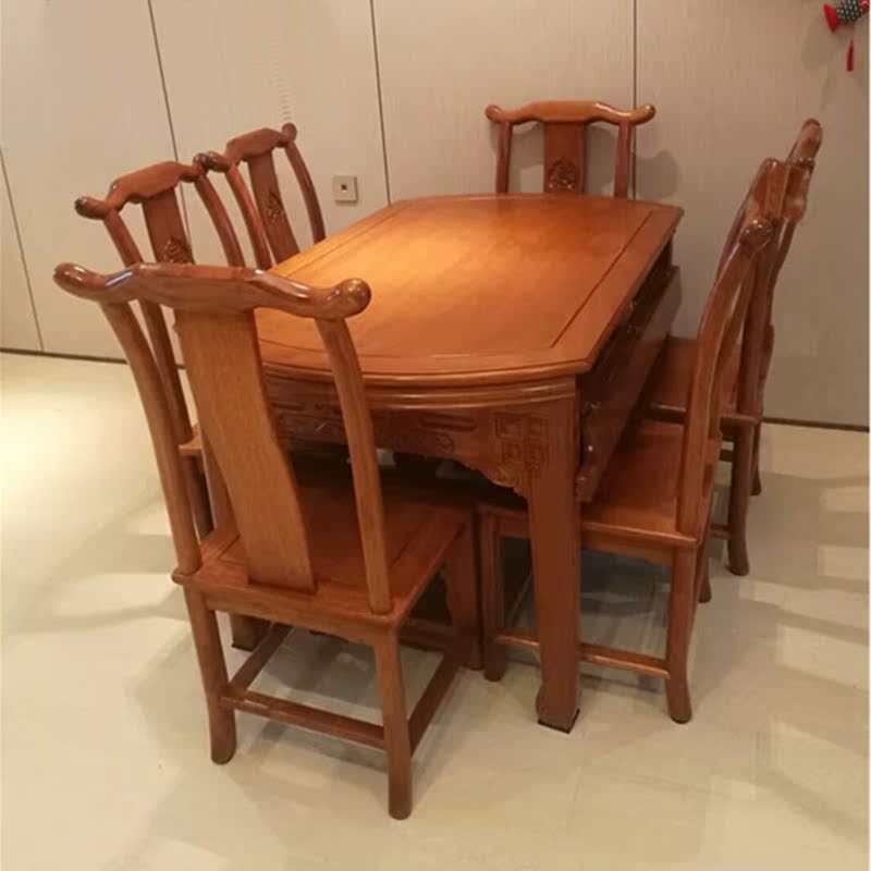 红木家具伸缩餐桌花梨木色菠v萝格全实木跳台餐桌椅组合原木圆餐