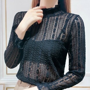 白色高领喇叭袖蕾丝上衣女秋季2022新款镂空薄款网纱打底衫女内搭