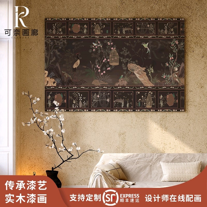 法式新古典花鸟实木大漆画客厅玄B关摆柜画入户民宿酒店肌理装饰