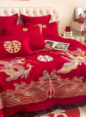 新中式200支结婚四件套大红色龙凤刺绣被套Q陪嫁婚庆床上用品4