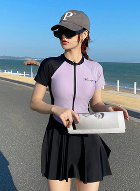 拼色泳衣女微胖女孩l2023新款保守分体大码运动平角泡温泉游泳装