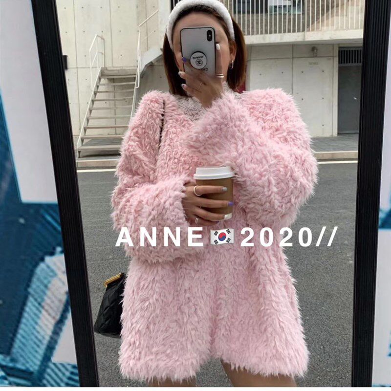 韩国2021秋h冬新款 套头宽松毛茸茸慵懒风洋气减龄甜美外穿毛衣女