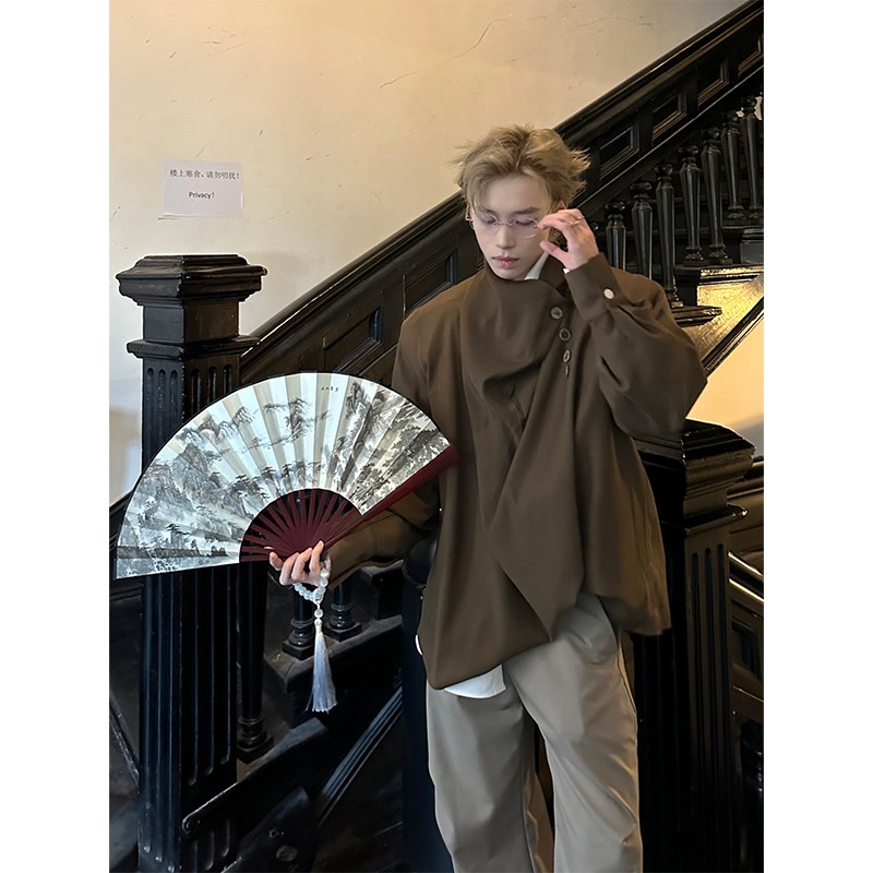 NECOYEP 2024春季新中式不规则垂感衬衫情侣高级感宽松百搭上衣潮