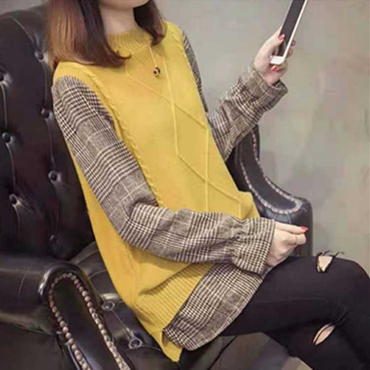 2024秋季格子拼接假两件毛衣女套头宽松外穿喇叭袖针织衫女