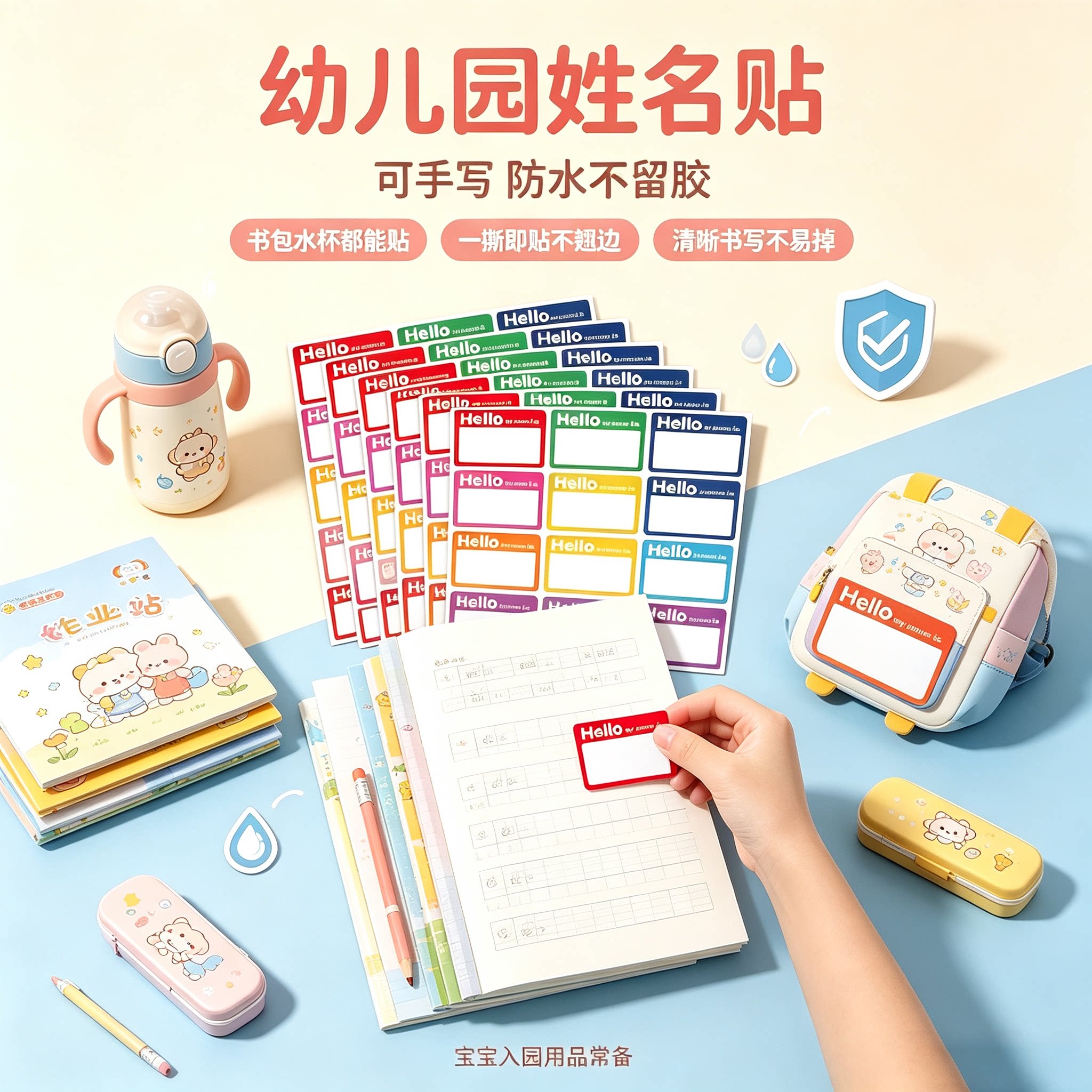 姓名贴纸幼儿园小朋友英文名字贴可手写自粘儿童名字水杯书本签名