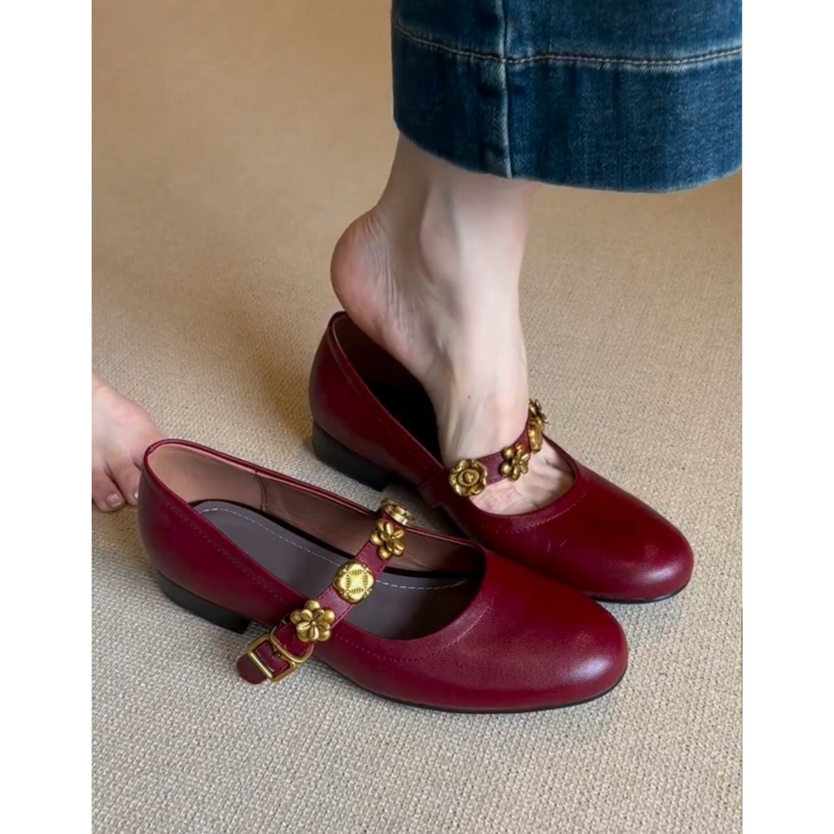 牛皮版~金属一字扣玛丽珍鞋女