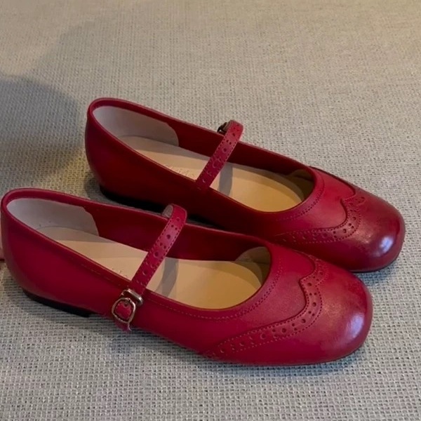 牛皮版~真皮平底红色玛丽珍鞋女