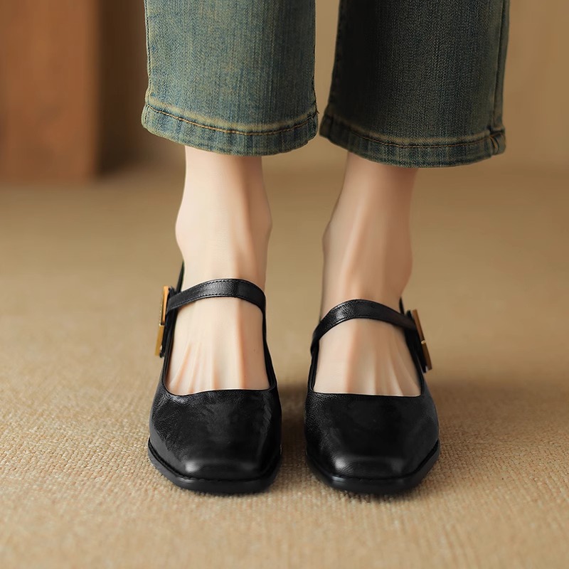 法式复古方头粗中跟浅口单鞋女